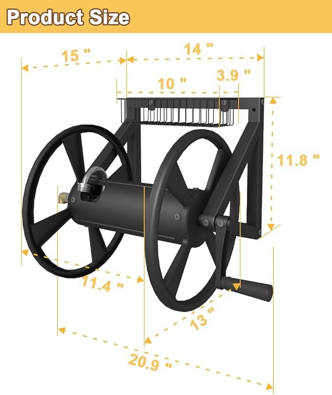 Triangle Wall Mounted Garden Hose Reel, Outdoor Heavy-Duty Water Hoses Holder Winder, Holds 125 Ft of 5/8-Inch Hose, with 3.9 ft Leader Hose, Brass Fitting, Storage Basket for Yard, Black