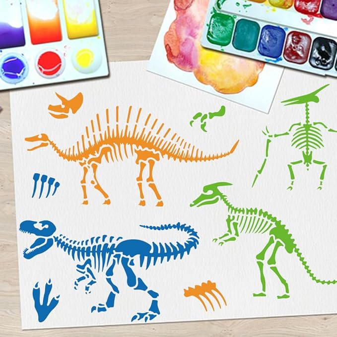 MAYJOYDIY 3pcs Dinosaur Skeleton Stencil Template Stegosaurus Triceratops Tyrannosaurus Rex Stencils 11.8×11.8inch with Paint Brush Dinosaur Footprint Stencils for Painting DIY Craft Window Wood