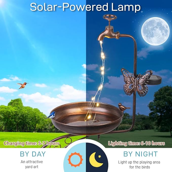 DREAMYSOUL Solar Bird Baths for Outdoors, Metal Birdbath with Flower Planter Pedestal, Antique Copper Bird Bath with Solar String Light for Garden, Yard, Patio Decor 36" Height