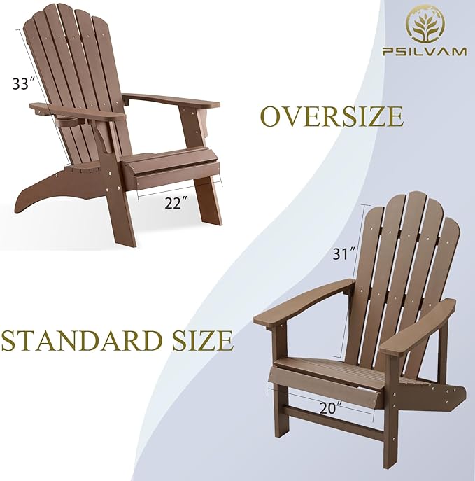 Psilvam Classic Adirondack Chair, Standard-Sized Poly Lumber Fire Pit Chair, 350Lbs Support Weather Resistant Patio Chairs for Garden, Party, Beach(Brown)