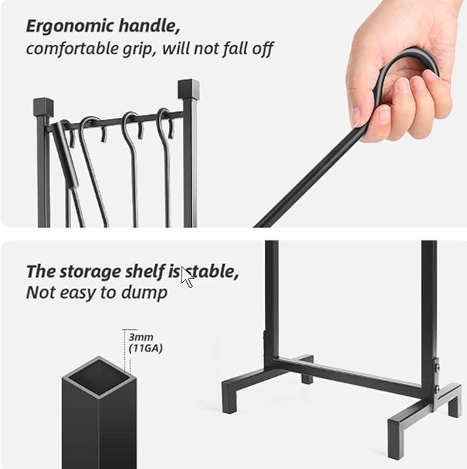 Heavy Duty Fireplace Tools Set Indoor with 31.5inch Holder - 23.6inch Extra Long Brush, Poker, Shovel & Hook - Premium Metal Fireplace Accessories Kit in Black or Bronze (Black)