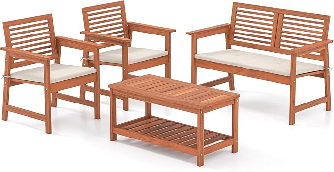 Tangkula 4 Piece Patio Conversation Set, Wood Sofa Set with Soft Seat Cushions, 2-Tier Rectangle Coffee Table, Outdoor Solid Wood Furniture Set for Poolside, Yard, Porch