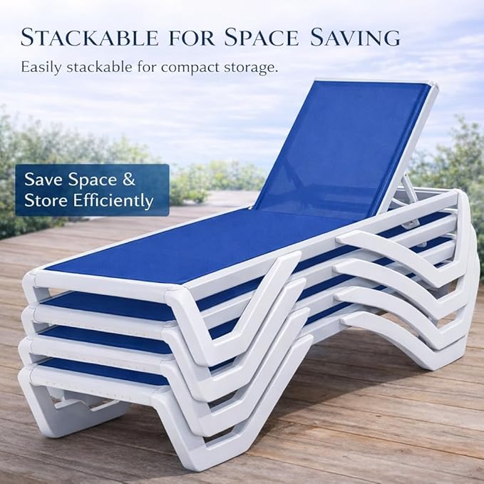 Kozyard Outdoor Chaise Lounge Chair, Full Flat Adjustable Patio Lounger with Aluminum Frame & Resin Legs, Textilene Fabric for Poolside, Backyard & Beach (Blue)
