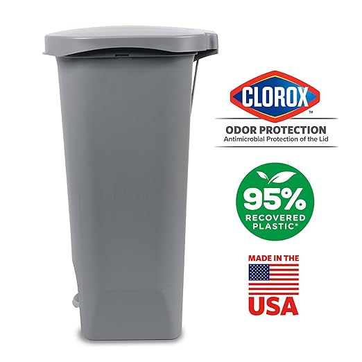 Glad Trash Can | Plastic Kitchen Waste Bin with Odor Protection of Lid | Hands Free with Step On Foot Pedal and Garbage Bag Rings, 13 Gallon, Grey