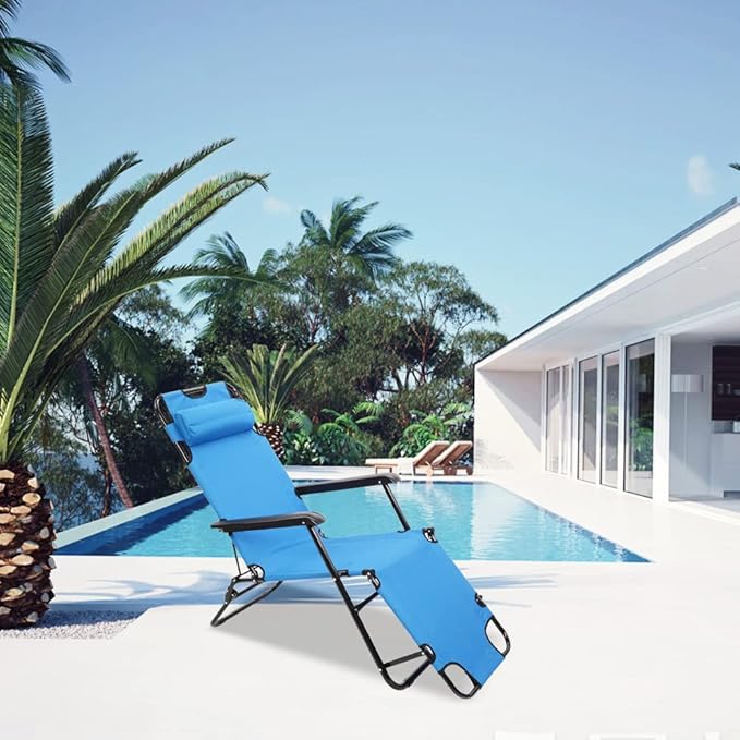 Portable Outdoor Folding Lounge Chair, Camping Chair, Reclining Chair with Pillow,Chaise Lounge for Ioor Outdoor Patio Deck Yard Beach Poolside, Blue