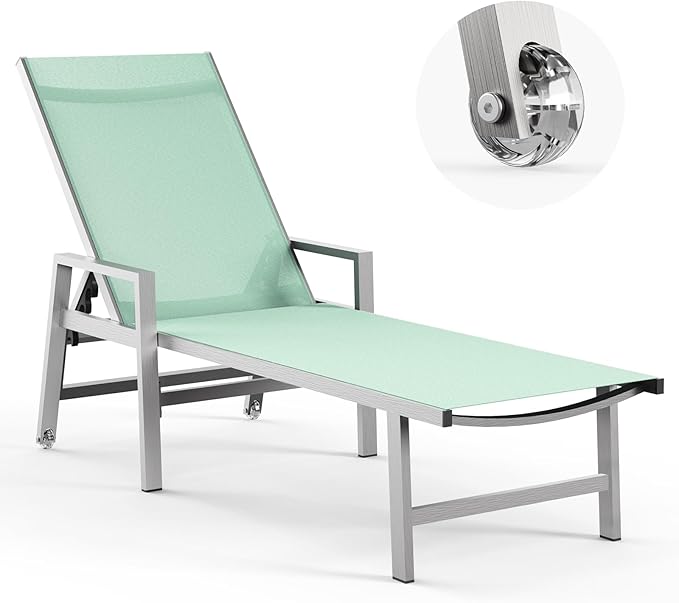 Patio Chaise Lounge Chair Outdoor with Wheels&Armrests, Aluminum Pool Lounge Chairs 5-Position Adjustable Recliner, Outdoor Beach Lounge Chairs for Poolside, Patio, Deck, Yard, Light Green