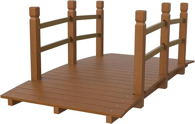 Outvita 5 ft Garden Wooden Bridge Arch Natural Finish with Safety Rails Outdoor Footbridge for Backyard Creek Farm, Decorative Pond Bridge