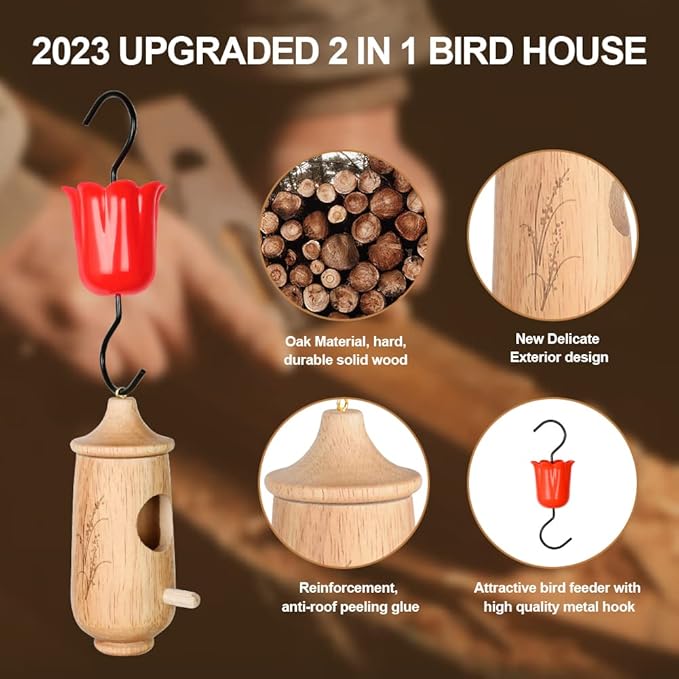 1 Pack Hummingbird House, with Hummingbird Feeders for Outdoors Hanging, Wooden Hummingbird Houses for Outside for Nesting, Bird Houses for Garden Window Outdoor Home (Oak Ears of Wheat)