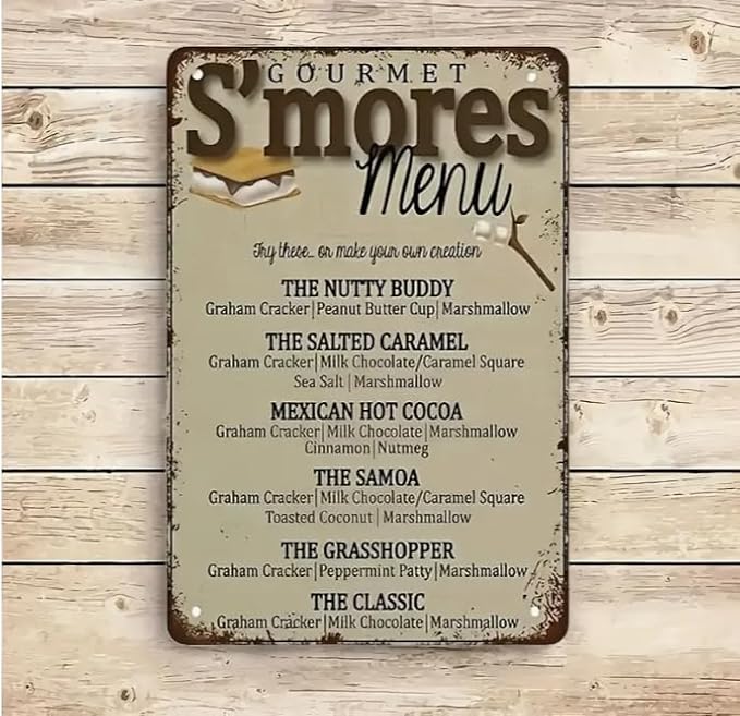 Vintage S'Mores Menu Metal Sign - Rustic Wall Decor with Delicious S'More Recipes (Graham Cracker, Marshmallow, Chocolate) - 12x8 Inches