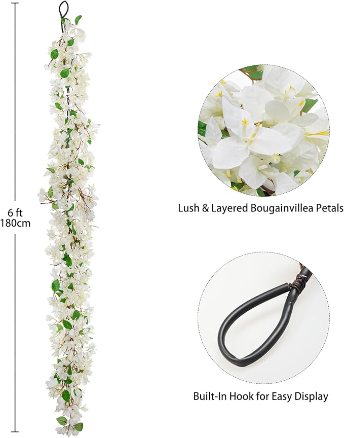 Briful 6ft White Bougainvillea Flower Garland – Artificial Silk Floral Vine with Built-in Hook Faux Flower Garland for Backdrop Table Wall Wedding Party Home Decoration