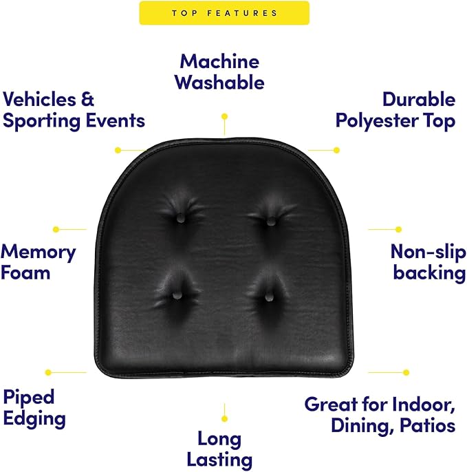 Sweet Home Collection Chair Cushion Memory Foam Pads Tufted Slip Non Skid Rubber Back U-Shaped 17" x 16" Seat Cover, 2 Count (Pack of 1), Faux Leather Black