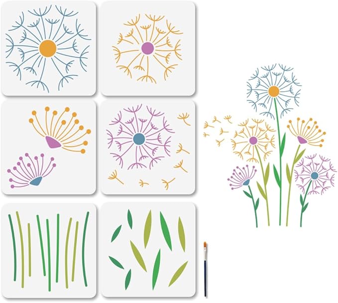 MAYJOYDIY 6Pcs Large Dandelion Stencils Splicing Style Dandelion Seeds Stencil for Painting 11.8×11.8inch Garden Fence Leaves Craft Templates with Paint Brush for Window Wood Wall Home Gift Decor