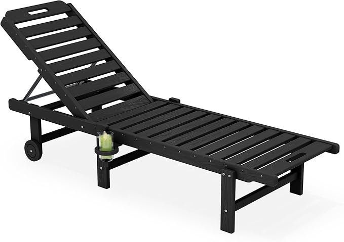 SERWALL Patio Chaise Lounge Chair, HDPE Outdoor Lounge Chair with Cup Holder, 5 Positions Adjustable Poly Lounger with Rolling Wheels for Poolside, Deck, Sunbathing, Black