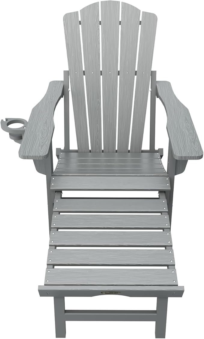 Folding Adjustable Adirondack Chairs with Ottoman & 1 Cup Holders, HDEP Multifunctional Adirondack Chair with Footrest,Grey