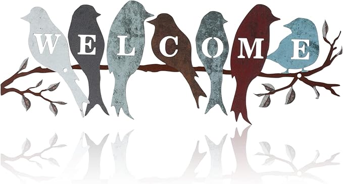 Peryiter Bird Wall Art Birds on Branch Welcome Sign Hanging Outdoor Metal Wall Decor Welcome Signs for Porch Vivid Statue Welcome Wall Decor Tree Silhouette for Bedroom Garden(Vintage Colors)