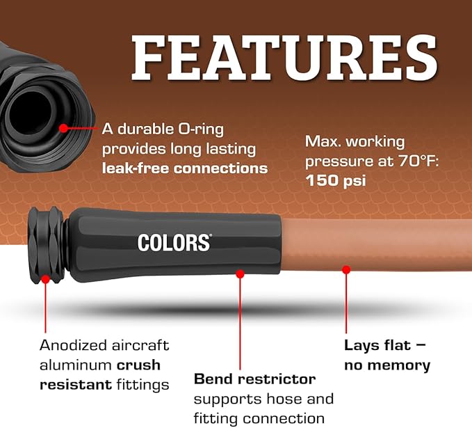Flexzilla Colors Garden Hose 5/8 in. x 100 ft., Lightweight All-Weather Water Hose, Durable and Flexible, Leak-Free Connections, Red Clay