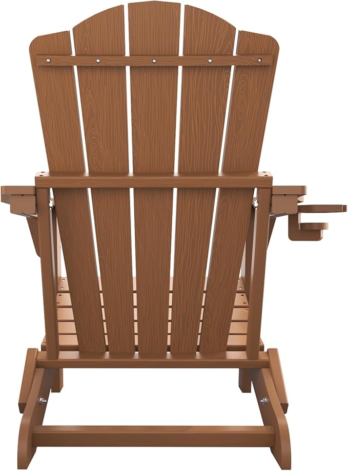 Folding Adirondack Chair Set of 4,HDPE All-Weather Outdoor Chair with Cup Holder,Wooden Textured,Fire Pit Chair,Plastic Patio Chair for Deck,Backyard,Garden,Lawn(Wood)