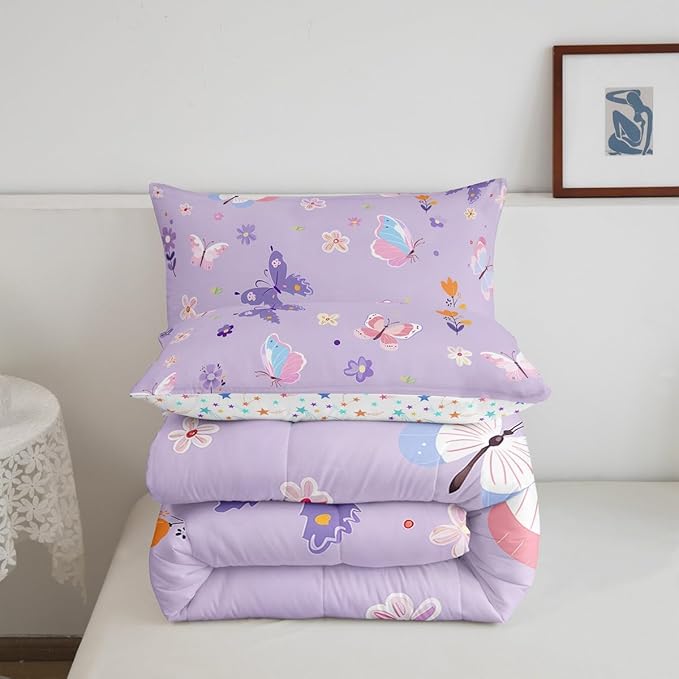 Erosebridal Purple Floral Twin Comforter Set,Cute Butterfly Bedding Sets for Kids Girls Teen,Coquette Flower Quilt Bed Set,Dreamy Flowers Garden Bedroom Decor,1 Pillowcase Breathable