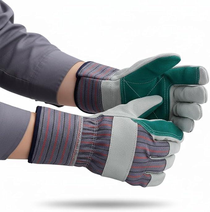 Giorgino Cow Split Leather Work Gloves Double Palm Pack of 5 for Men & Women, Gardening Gloves with Reinforced Fingertips, Knuckle Guard & Safety Cuff