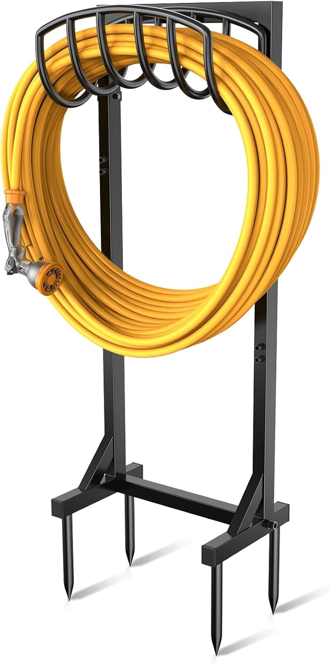 Freestanding Garden Hose Holder, Heavy Duty Water Hose Holder Stand with Stable 4-Spike Base, Fits 5/8" Hoses up to 150ft, No-Drill Yard Storage Alternative to Hose Reel