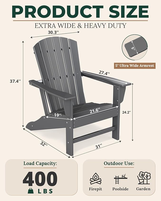 BRIOPAWS Oversized Adirondack-Chairs-Set of 4 | HDPE Plastic | Fire Pit Chair | Weather Resistant | for Deck Outdoor Poolside Campfire | Grey
