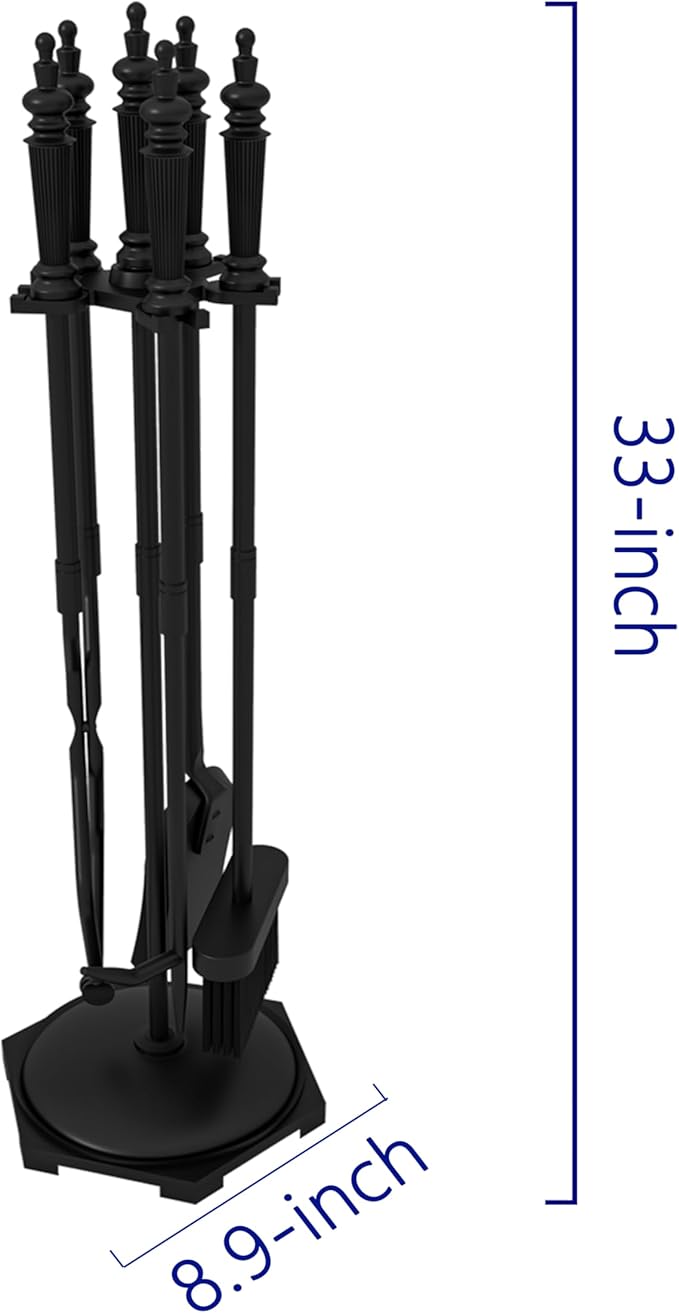 Kingson Fireplace Tools Set 5 Pieces Black Wrought Iron Fire Tool Set for Outdoor/Indoor Include Poker Shovel Brush Tongs and Stand Accessories Set
