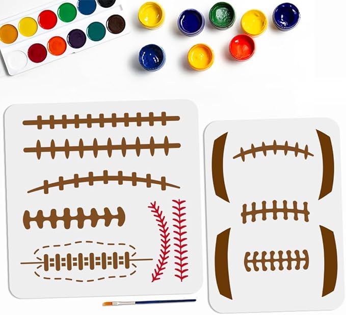 MAYJOYDIY Football Sewing Thread Stencils, 11.8x11.8 inch, 2 Pack with Paint Brush, Sports Ball Drawing Templates