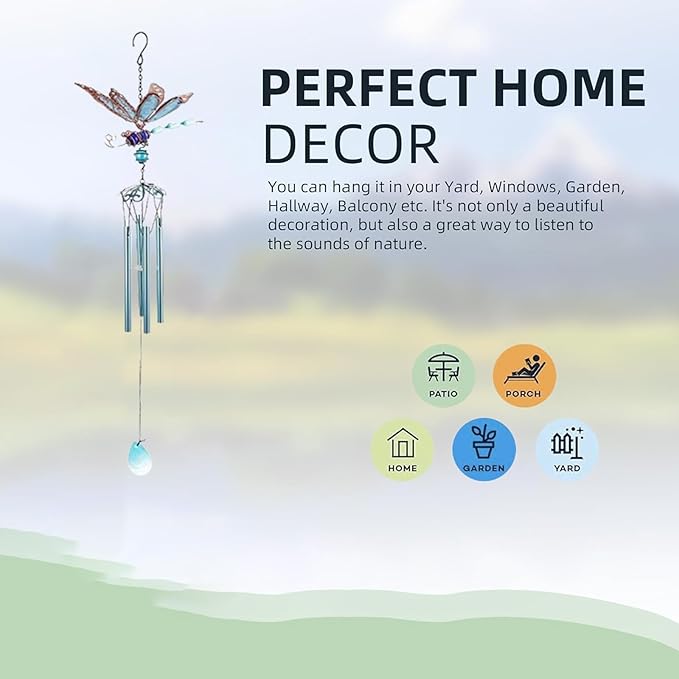 Dragonfly Wind Chimes, Garden Glass Glowing Wind Chimes for Home, Party, Festival Decor, Garden Decoration Indoor/Outdoor,Lifelike Dragonfly Deep Tone Style