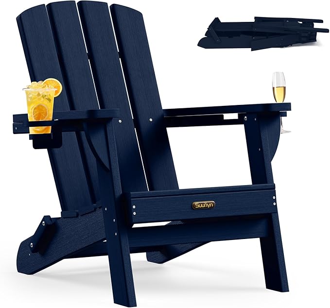 Folding Adirondack Chair 2 Pack, HDPE All-Weather Fire Pit Chairs, Plastic Adirondack Chairs with 2 Cup Holder, Outdoor Lawn Chair for Patio Garden (Navy Blue)