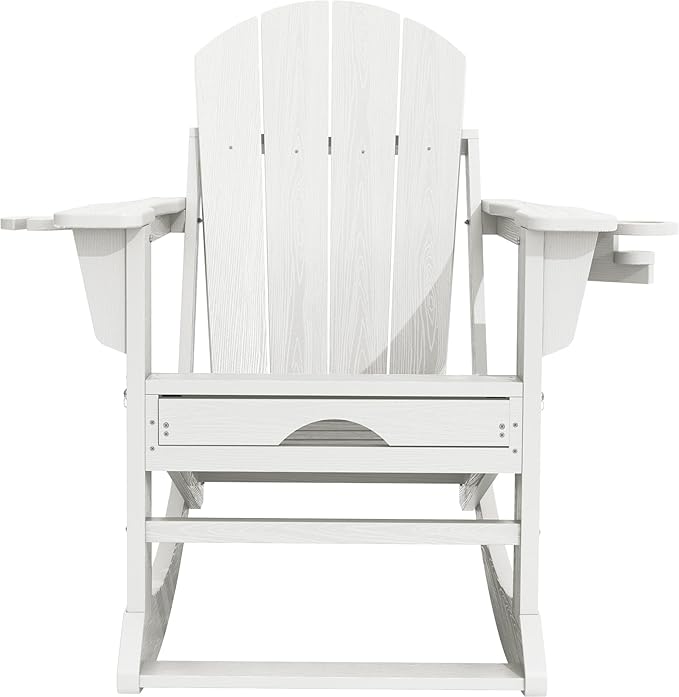 KINGYES Adirondack Rocking Chair Set of 2 with Retractable Ottoman and Cup Holders, HDPE Adirondack Rocker Patio Rocking Chair for Porch, Patio, Balcony, White