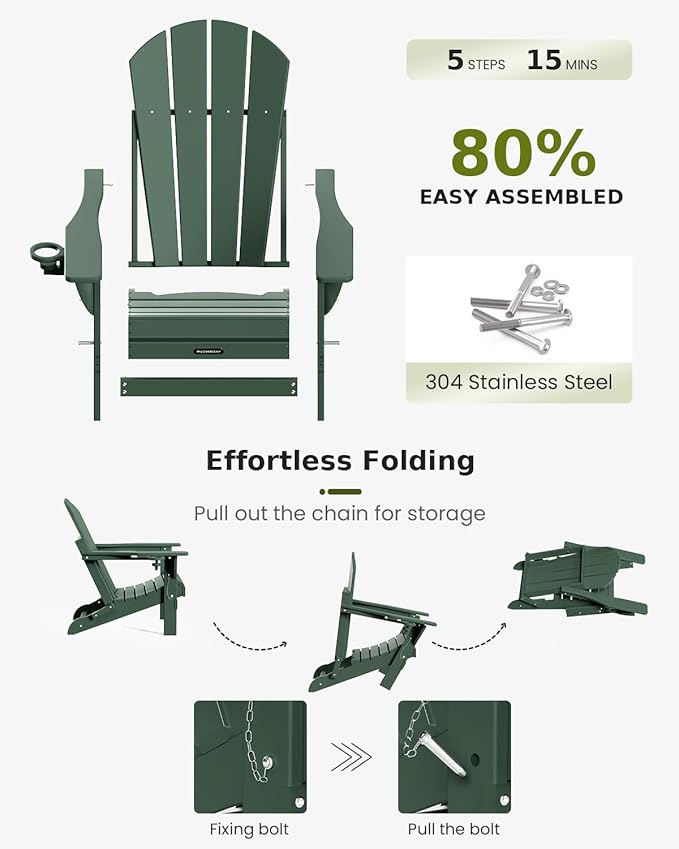 MUCHENGHY Folding Adirondack Chairs Set of 4, Patio Chairs, Lawn Chairs, Outdoor Chairs, Adirondack Chair Plastic, Fire Pit Chairs, Weather Resistant with Cup Holder for Deck, Backyard, Garden(Green)