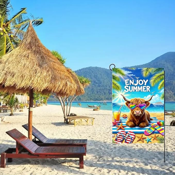 Summer Garden Flags 12x18 Inch Double Sided, Burlap Seasonal Farmhouse Beach Highland Cow Garden Flag Summer Outdoor Garden Decor, Small Decorative Yard Lawn Porch Flags for Outside