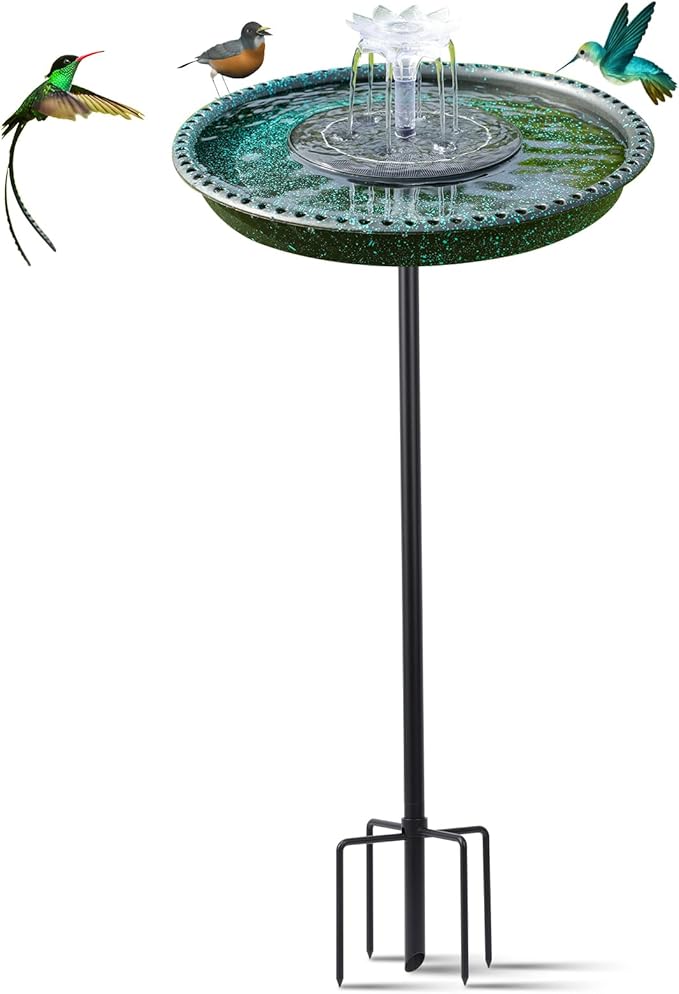 Bird Bath with Solar Powered Fountains for Hummingbirds,Stable Stylish Design with 5-Prong Base Stake Plastic Bird Bath for Outside Patio Yard Garden(Gift)