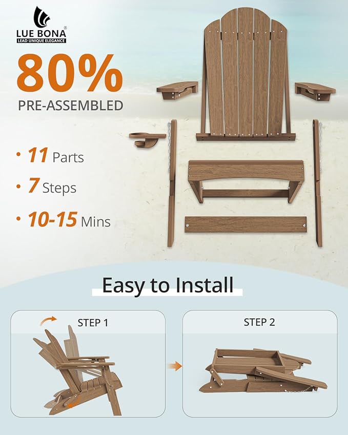 LUE BONA Folding Adirondack Chair, Chairs Set of 6, Cup Holder, Woodgrain, Fire Pit, Patio, Pool, Brown