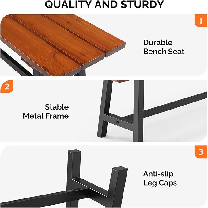 VINGLI Outdoor Wooden Bench, 45” 2-Person Backless Dining Bench, Weatherproof Outdoor Patio Bench for Porch Entryway Garden (1, Brown ＆ Black)