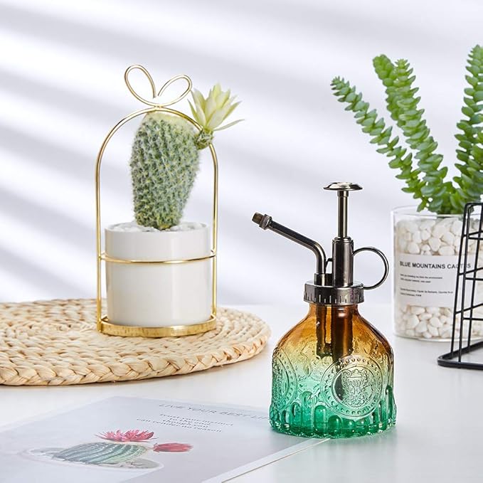 Glass Plant Mister Spray Bottle, Vintage Plant Spritzer, Succulent Watering Bottle with Top Pump, Small Plant Sprayer Mister Watering Can for Indoor Outdoor Houseplant - Green Brown Gradient