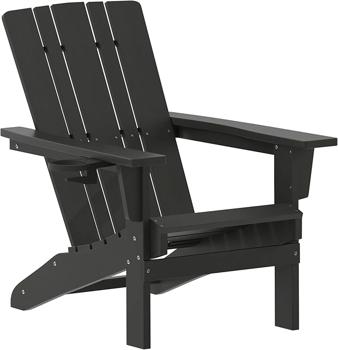Flash Furniture Halifax Adirondack Chair with Cup Holder, Weather Resistant Poly Resin Adirondack Chair, Black