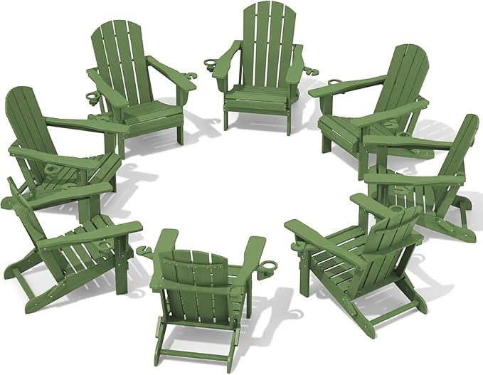 SERWALL Adirondack Chair with Cup Holders - Composite Adirondack Chairs Set of 8 HDPE Outdoor Chairs All Weather Use- Avocado
