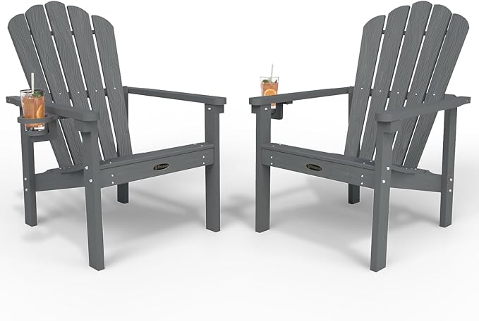 Stackable Adirondack Chair Set of 2, HDPE All-Weather Adirondack Chairs - Durable and Space Saving, Plastic Outdoor Fire Pit Chairs with Cup Holder,Grey