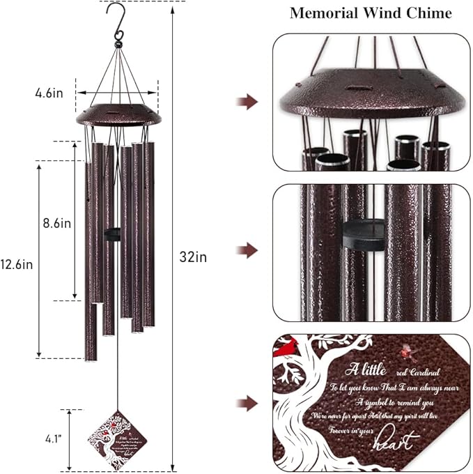 Memorial Wind Chime with Cardinal Bird and Tree – Sympathy Gift for Loss of Loved One – Bereavement Wind Chime with Saying “A Little Red Cardinal Bird to Let You Know” for Garden or Outdoor Decor
