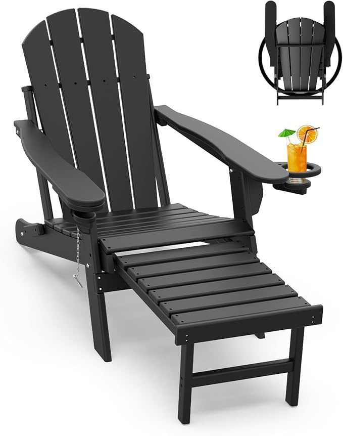 GREENVINES Adirondack-Chairs-with-Ottoman | Folding | Retractable-Footrest | HDPE Plastic | All Weather Fire Pit Chair | Cup Holders | Black | for Outdoor Poolside