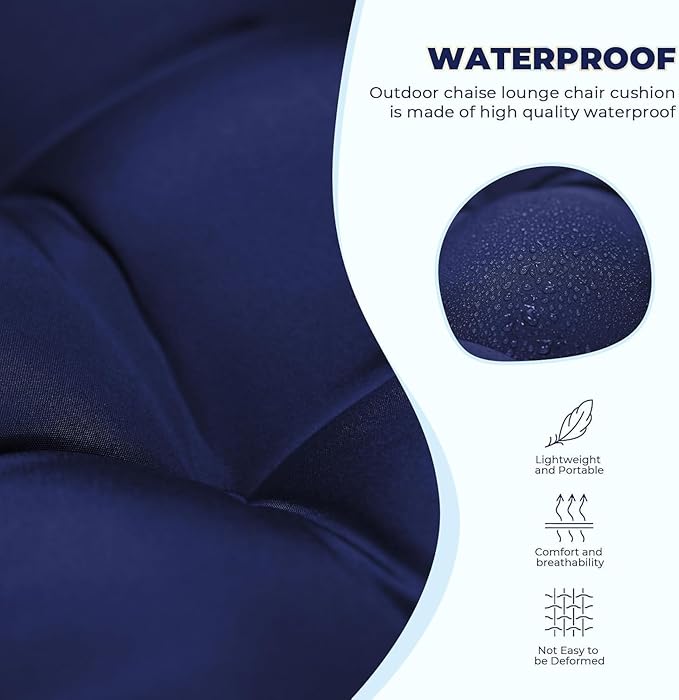 Waterproof Lounge Chair Cushion Outdoor for Chairs, Fade Resistant Chaise Lounger Replacement Cushions with 6 Ties, Thickened Memory Foam Pool Lounge Chair Cushions, 76 x 22 x 4.7 Inches, Blue
