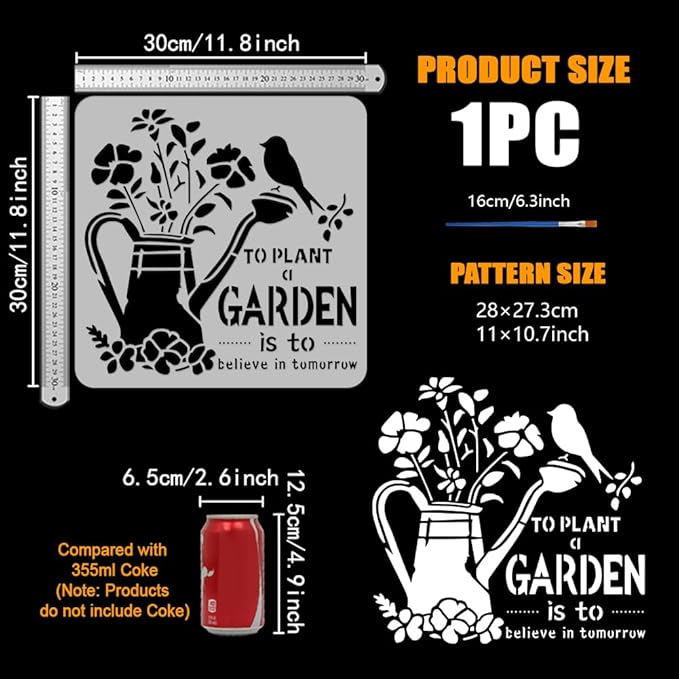FINGERINSPIRE Garden Painting Template with Brush 11.8x11.8inch Watering Pot Words Painting Template Flowers Birds Painting Stencils Reusable DIY Art Craft Stencil for Painting on Wood Floor Wall