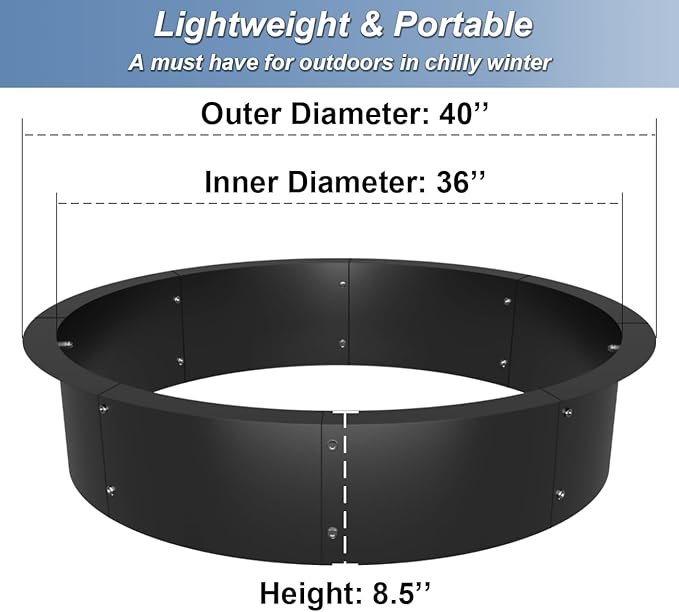 Round Outdoor Fire Pit Ring Insert 36-Inch Inner 40-Inch Outer Diameter, Heavy Duty Metal Steel DIY Firepit Liner Campfire Rings for Outside Wood Burning Above or In-Ground, Black