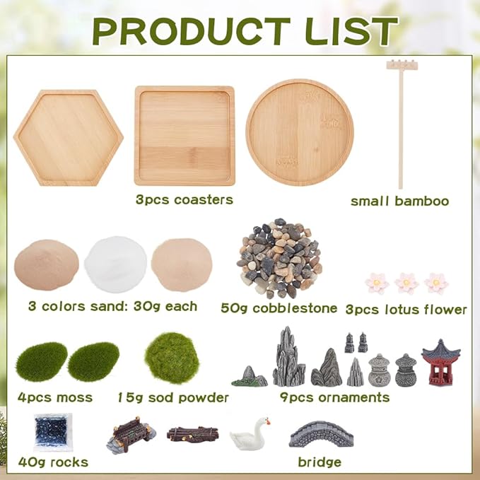 WEBEEDY 3 Sets Mini Zen Garden Kit Sand Tray Kit Japanese Sand Garden for Desktop with Bamboo Tray,Mini Rock Garden Gift Set for Home Office Desk Beautiful Japanese Decor Relaxation Meditation