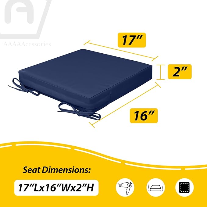 AAAAAcessories Outdoor Seat Cushions for Chairs, Waterproof, Fade-Resistant, 17" x 16" x 2", Patio Furniture Replacement Cushions, Set of 2, Navy Blue
