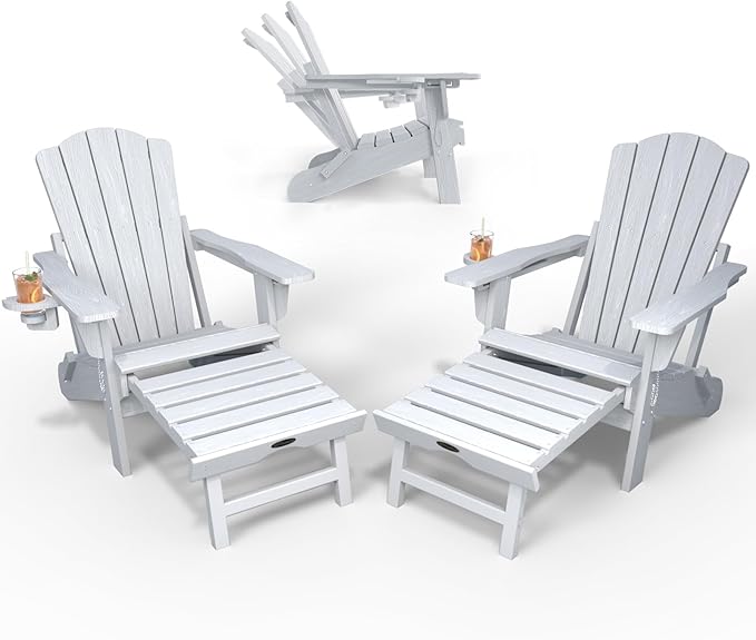 Folding Adjustable Adirondack Chairs with Ottoman & 1 Cup Holders Set of 2, HDEP Multifunctional Adirondack Chair with Footrest,White