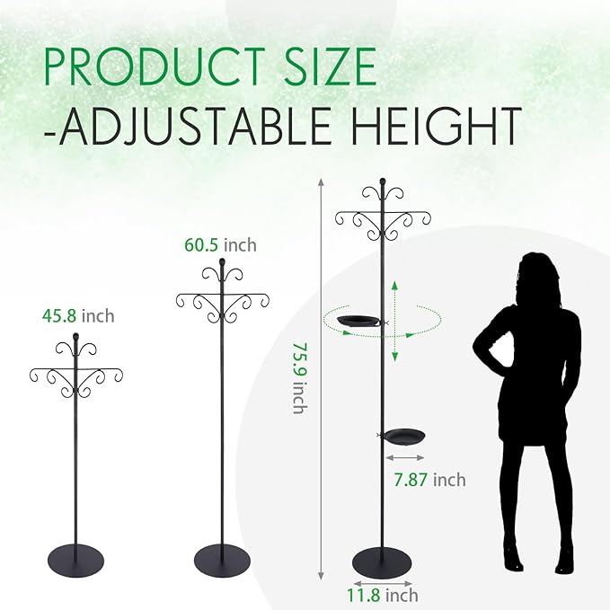 1 Set Upgraded 75.9" Shepherds Hook for Bird Feeder, Hanging Plant Wind Chime Stand, Metal Adjustable Standing Pole Holder for Indoor Outdoor, with 2 Rack & Weight Bag (Vintage 2 Hooks)