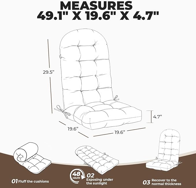 Outdoor/Indoor Adirondack Chair Cushion, Waterproof Outdoor Rocking Chair Cushion with Ties, Tufted Replacement Seat Cushions for Outdoor Furniture, Brown