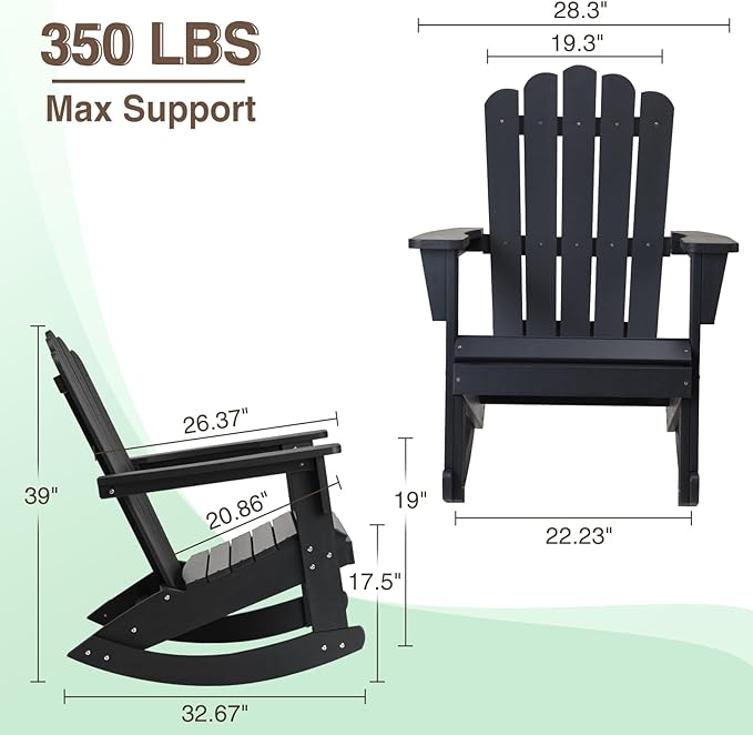 Psilvam Outdoor Adirondack Rocking Chair, Poly Lumber Porch Rocker with High Back, Patio Rocking Chair for Both Outdoor and Indoor (Black)